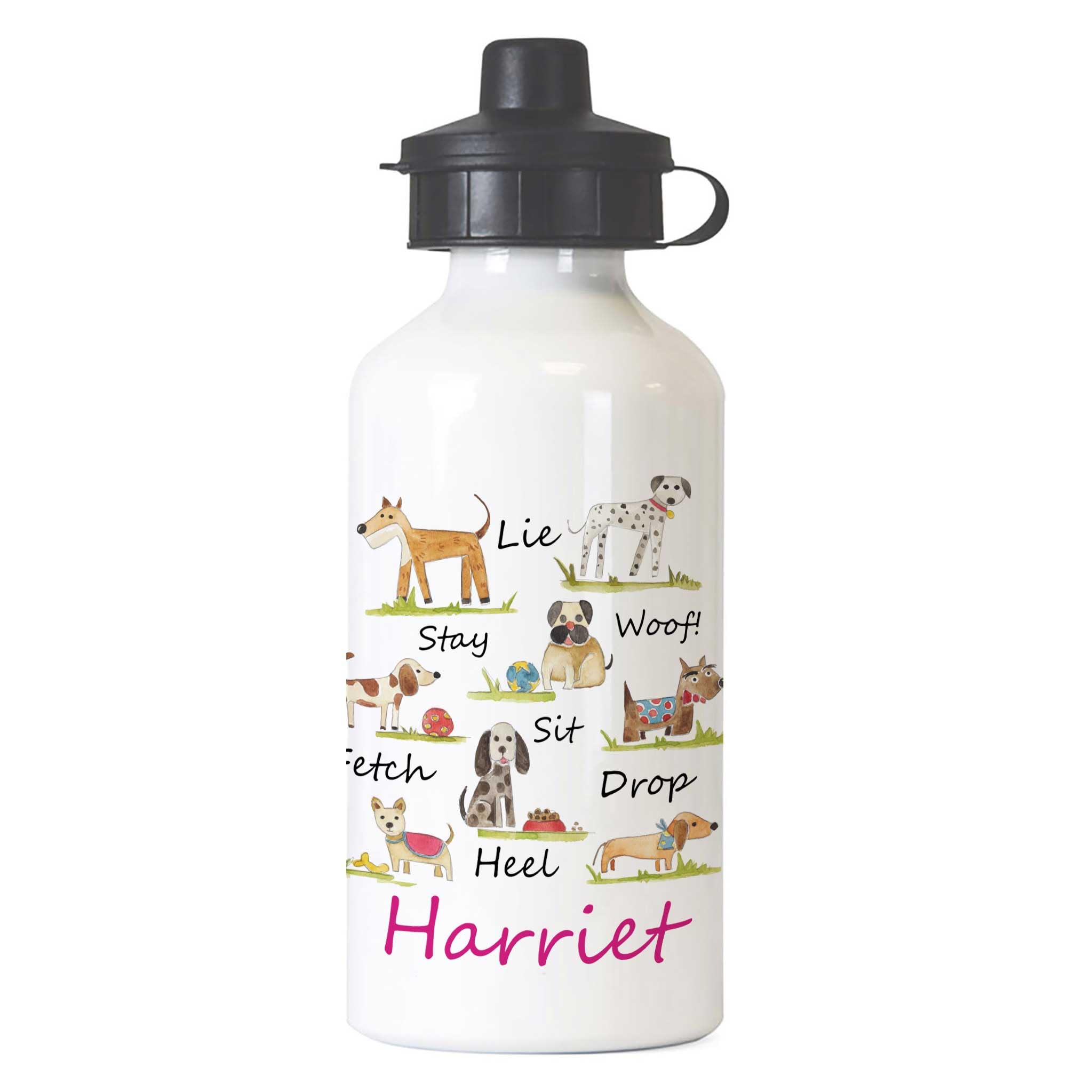 Tigerlilyprints Personalised Girls Bottle for Dance, Gym School Sports Bottles, Metal -400ml, More designs - printed on both sides. (Dogs)