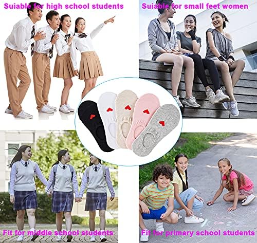 5 Pairs XonyiCos Girls Kids Skin-friendly No Show Socks, Heart Socks, Cute Low Anti-slip Soft Cotton Socks for Children 6-15 Years