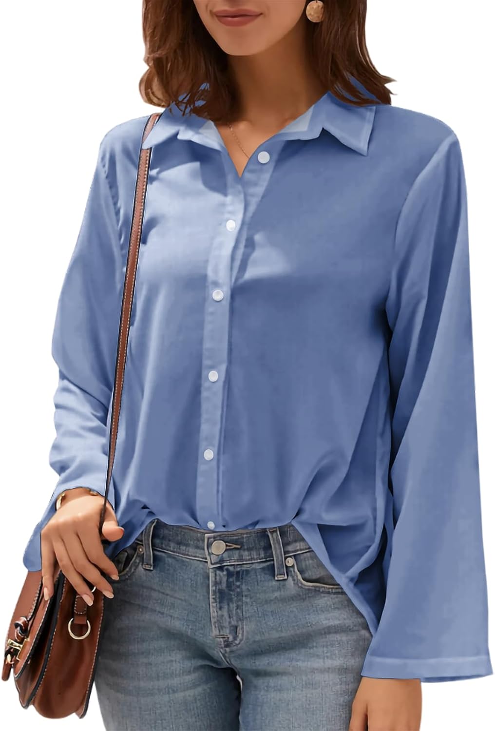Womens Button Down Shirt Long Sleeve Collared Blouse Professional Office Work Elegant Formal Top