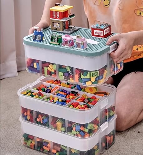 DingGreat Dreifach Aufbewahrungsbox für Lego Bausteine Ablagefächer Stapelbar Kisten Spielzeug Aufbewahrung mit Deckel Stapelboxen Kunststoff Sortierboxen Kleinteile Transparent (box only)