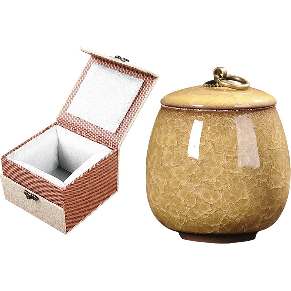 Kelendle Small Keepsake Urn for Human Ashes with Velvet Box, Yellow, Marble Pattern, Ceramic, Mini Funeral Urn, Decorative Urns for Home Decor