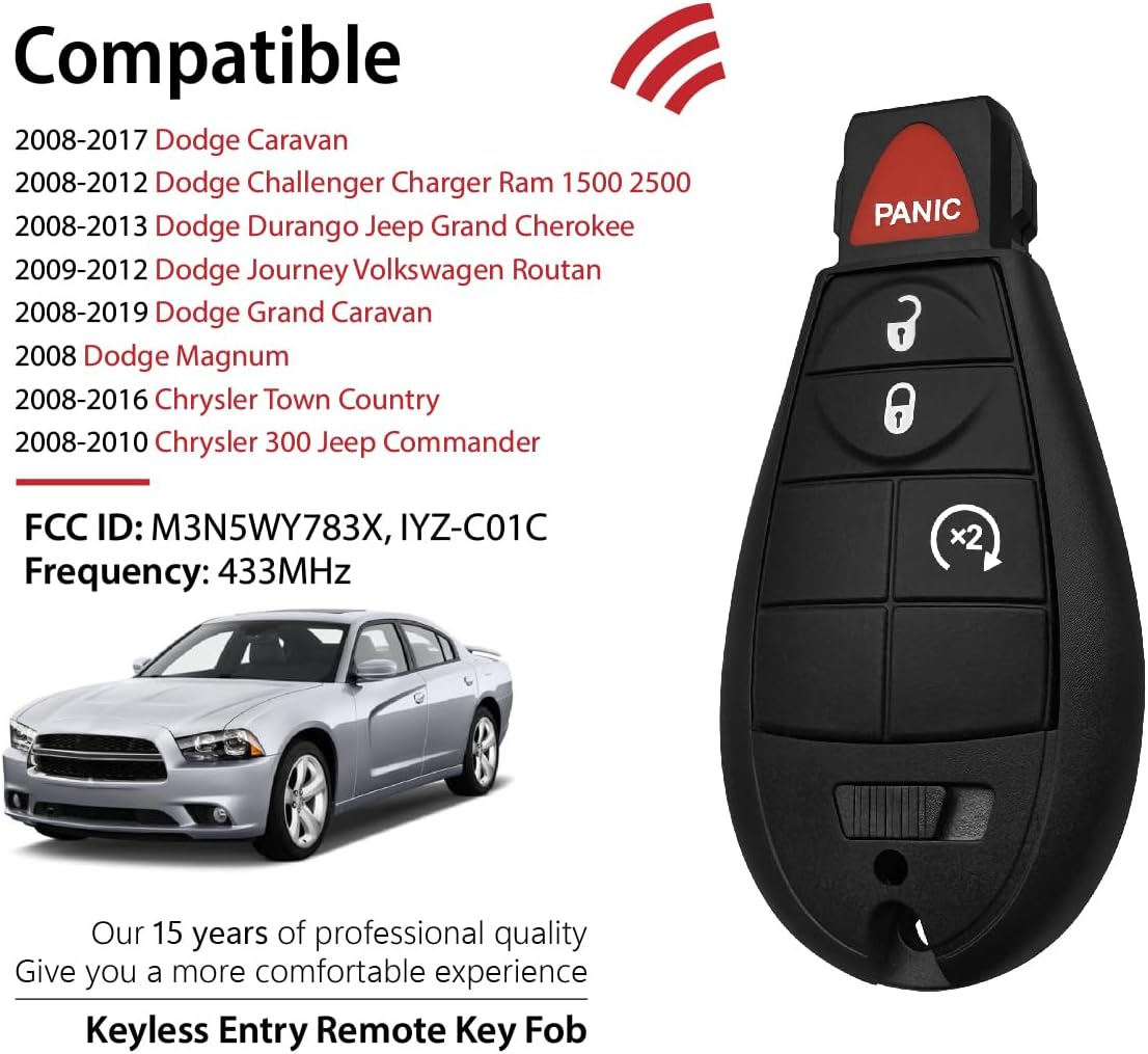 Replacement for 2011 2012 2013 2014 2015 Dodge Charger Caravan Chrysler Town Country 300 Volkswagen Routan Jeep Commander Grand Cherokee Key Fob Remote Control M3N5WY783X 4 Buttons 433MHz