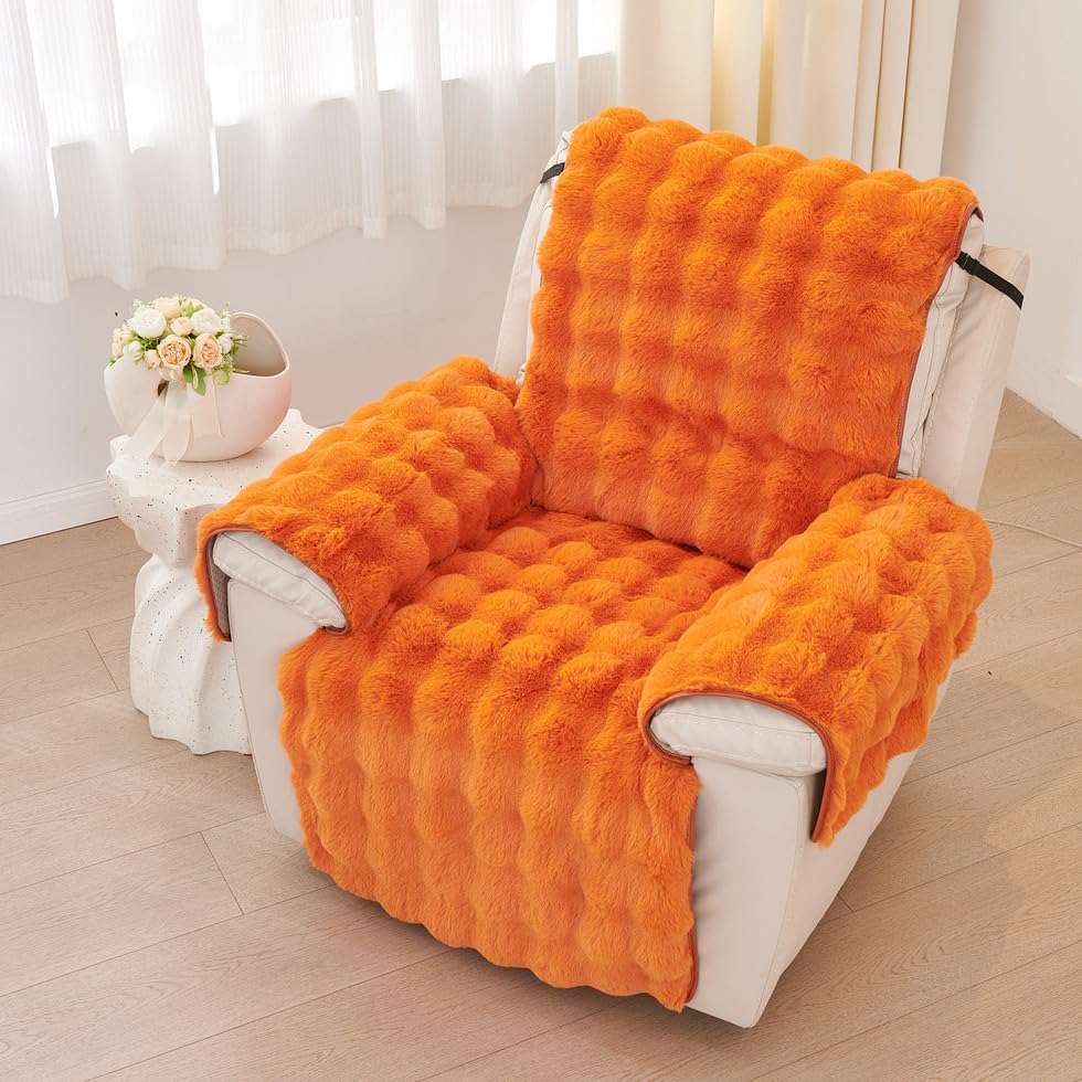 ROOMLIFE Faux Fur Fluffy Recliner Chair Slipcover Faux Rabbit Fur Sofa Cover, Soft Non-Slip Dog Chair Cover Furniture Protector Washable with Pocket, Elastic Straps for Pet,Kids (Orange 23.6"X 91")