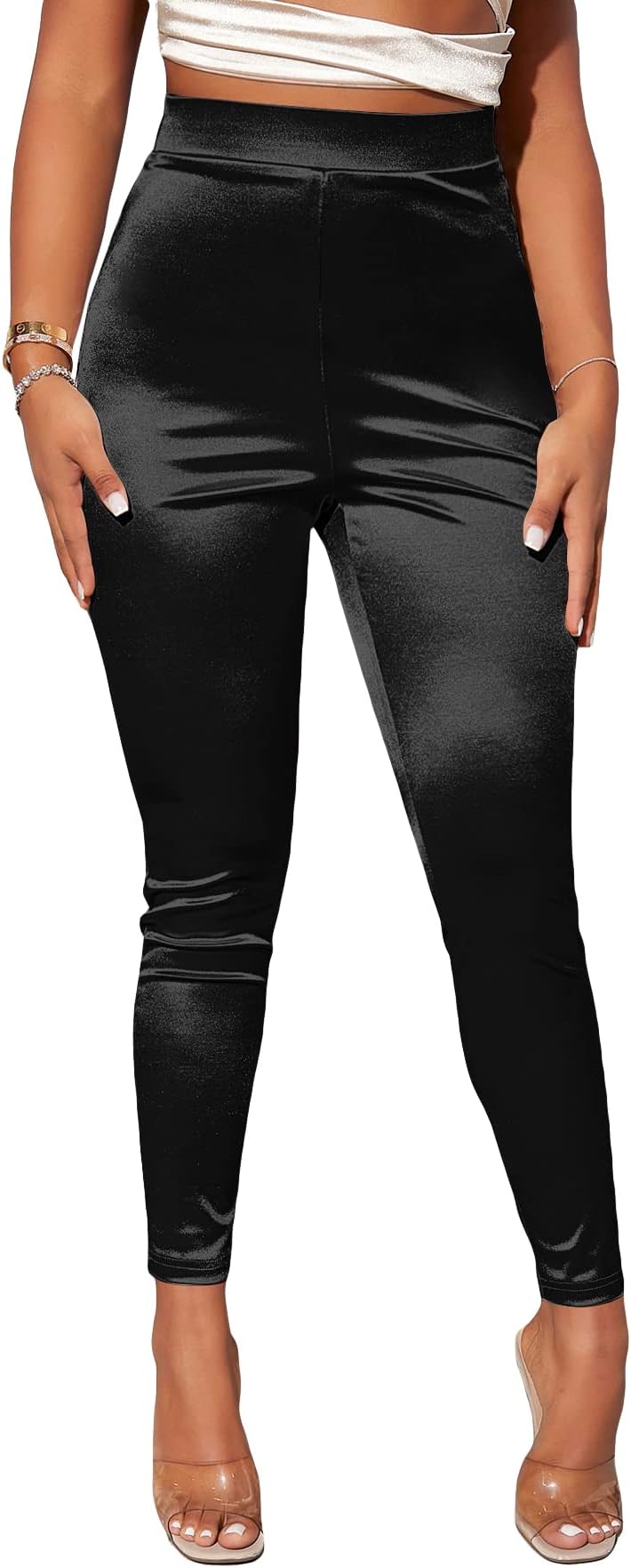 WDIRARAWomen's Elastic High Waist Cropped Leggings Casual Stretch Skinny Pants