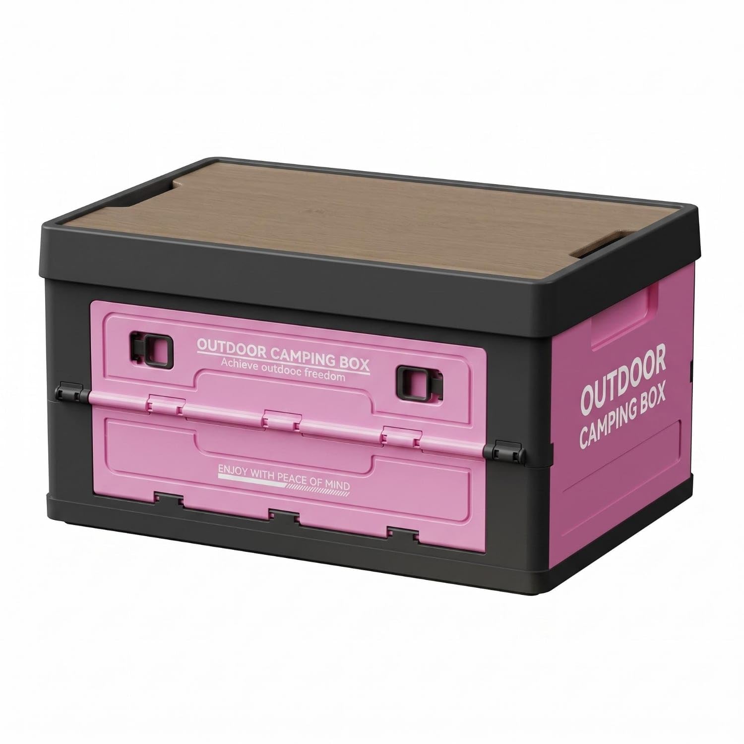 bnf® Wood-Look Lid Foldable Storage Box Five-Side Opening Collapsible Storage Box Latch Closures Stackable Tote Crate Hard for, Picnic Organization, Black Pink, L 5-door-image-42