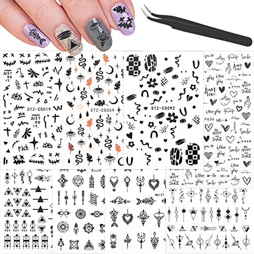 8 Sheets Black Nail Art Stickers With Tweezers 3D Self Adhesive Geometric Graffiti Nail Supplies For Nail Decoration French Designs Abstract Decalsfor Girls Women Men Diy Acrylic Nails #TOP25