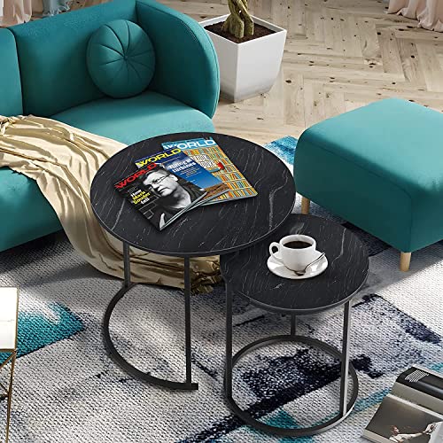 Image of Coffee Tables for Living Room - Small Round Coffee Table Set of 2, Center Table with Solid Wood Table Top and Sturdy Metal Frame, Nesting Tables for Small Spaces -Black
