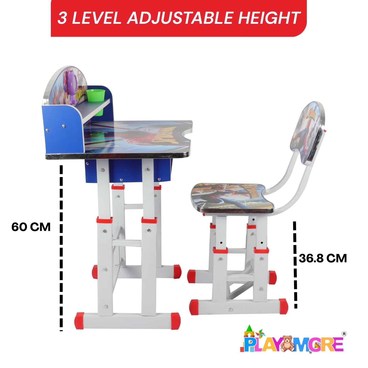 PLAYMORE Kids School Study Table & Chair Set | Adjustable Height Study Desk with Storage, Wooden Top & Metal Frame, Functional ` Desk and Table Set Furniture for Boys Girls 4-12 Years (Blue) 1