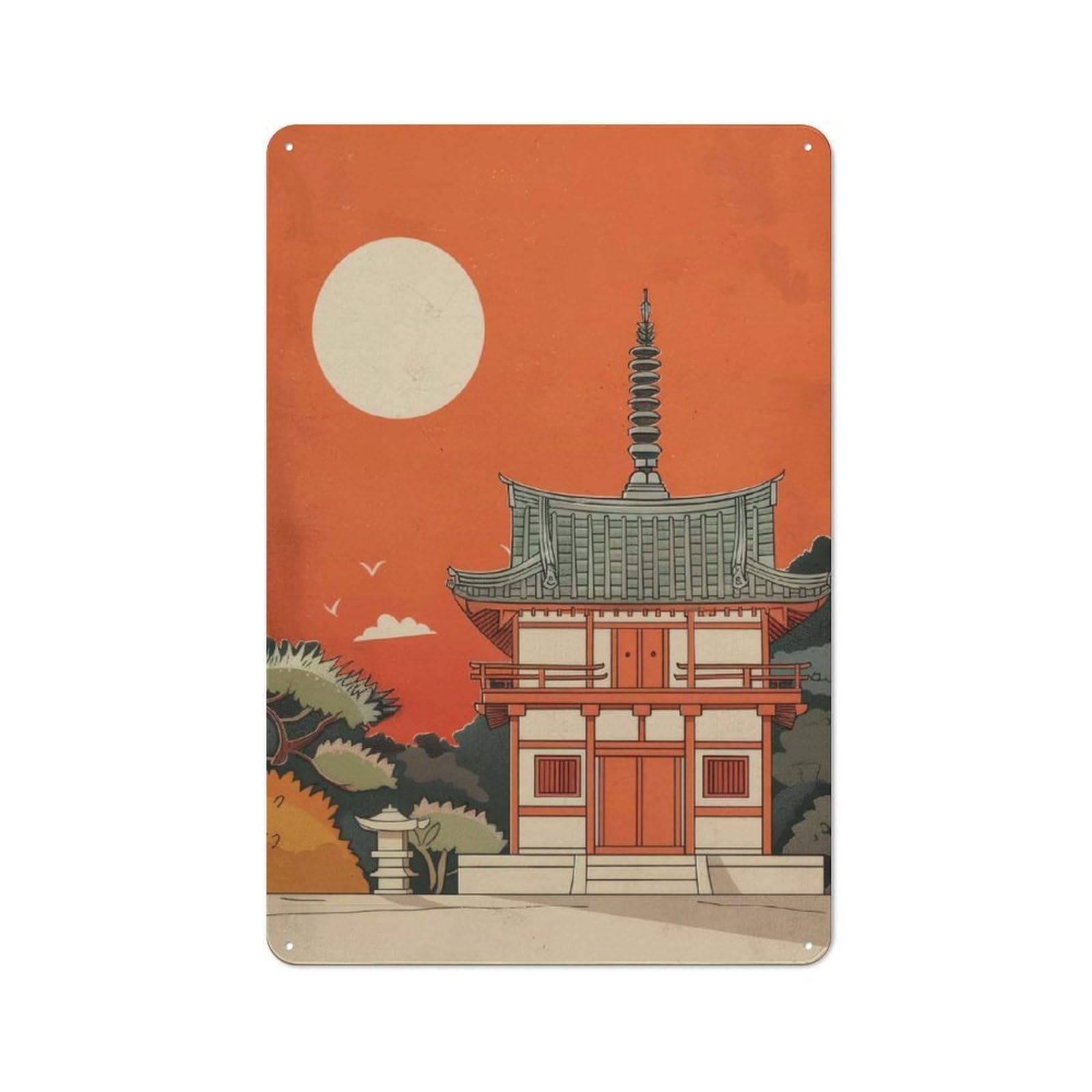 Junmoney Shinto Temple Scenery Clean Industrial Decorative Metal Plaque 30X20cm, Loft Wall Plaque For Modern Home, Workshop, Office Or Cafe