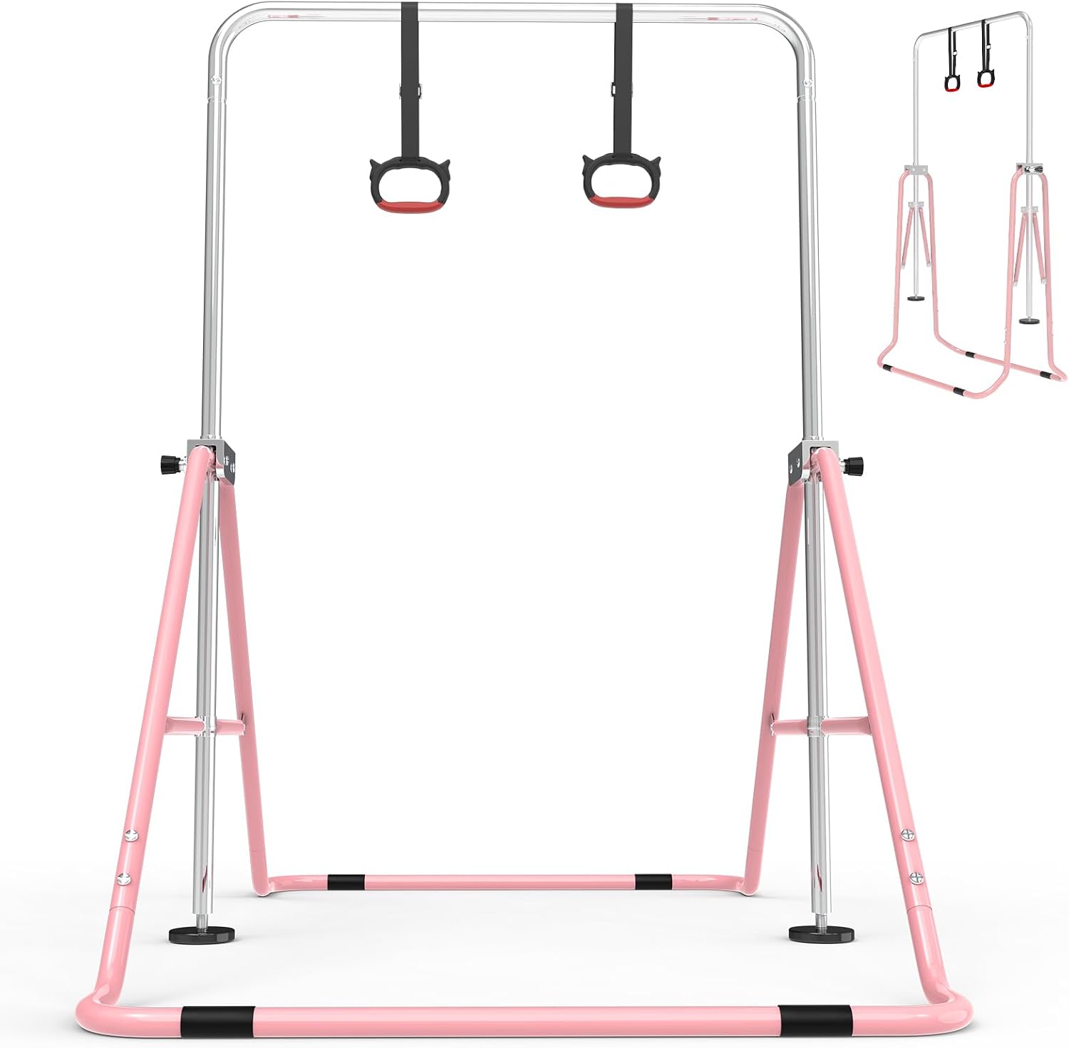 FINCOME Gymnastics Bar for Kids with Gymnastics Rings, Height Adjustable Gymnastics Horizontal Bar, Foldable Bar Gymnastics Equipment for Home Room Indoor Outdoor Training, Gymnastic Bar