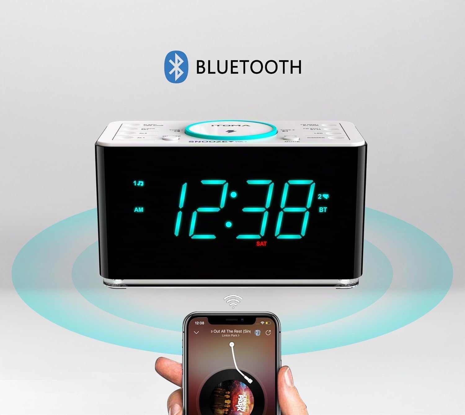 iTOMA Radio Réveil, Chargeur sans Fil Ultra - Rapide 15W avec Bluetooth, Port de Charge USB, Double Alarme, Minuterie de Sommeil, Snooze, Variateur, FM Radio, écran LED Cyan de 1,4 Pouces CKS207