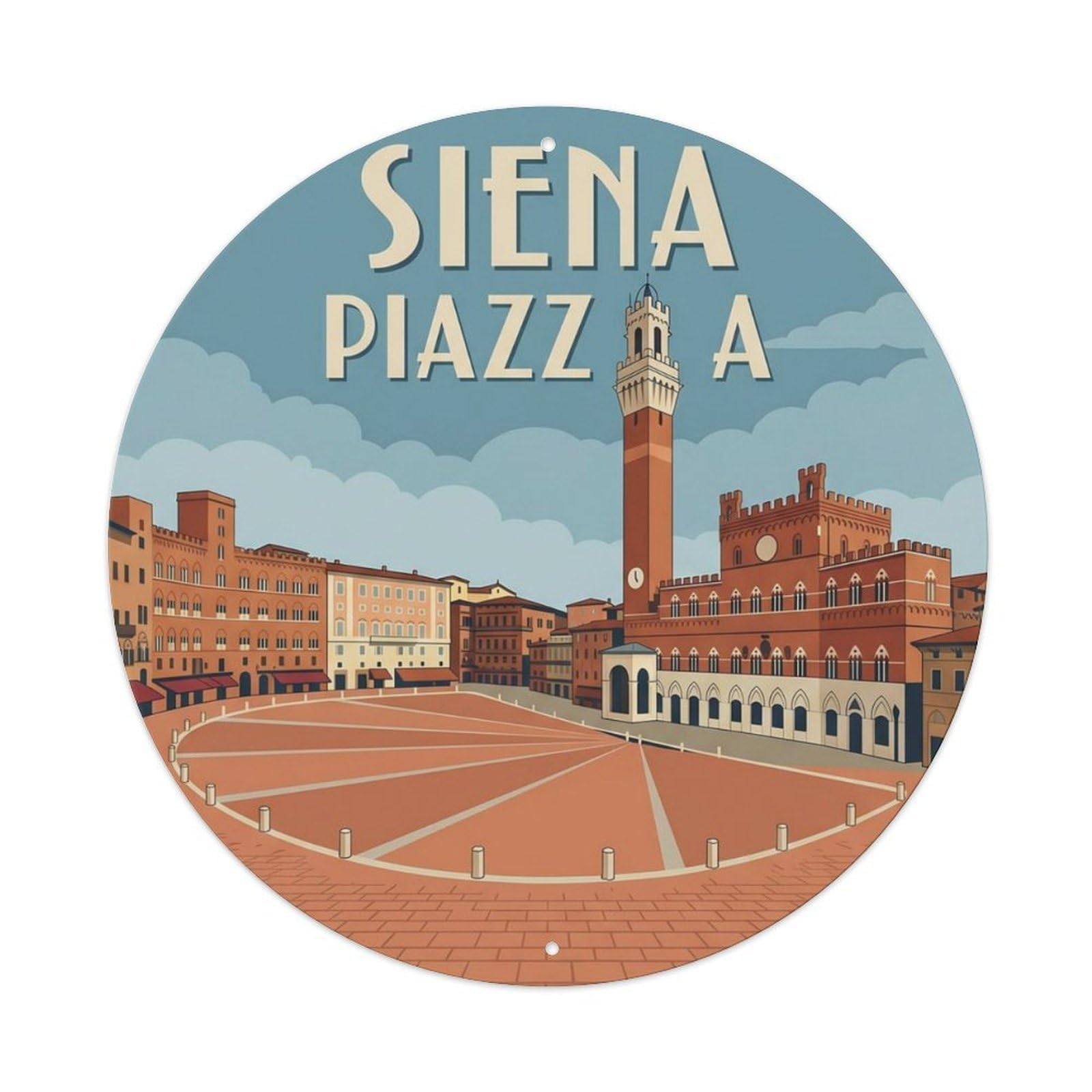 Siena Piazza Medieval Italy Square Metal Tin Sign Plaque Wall Decor for Cafe, Club Bar, Office, Home Garden Round Metal Poster 8x8Inch