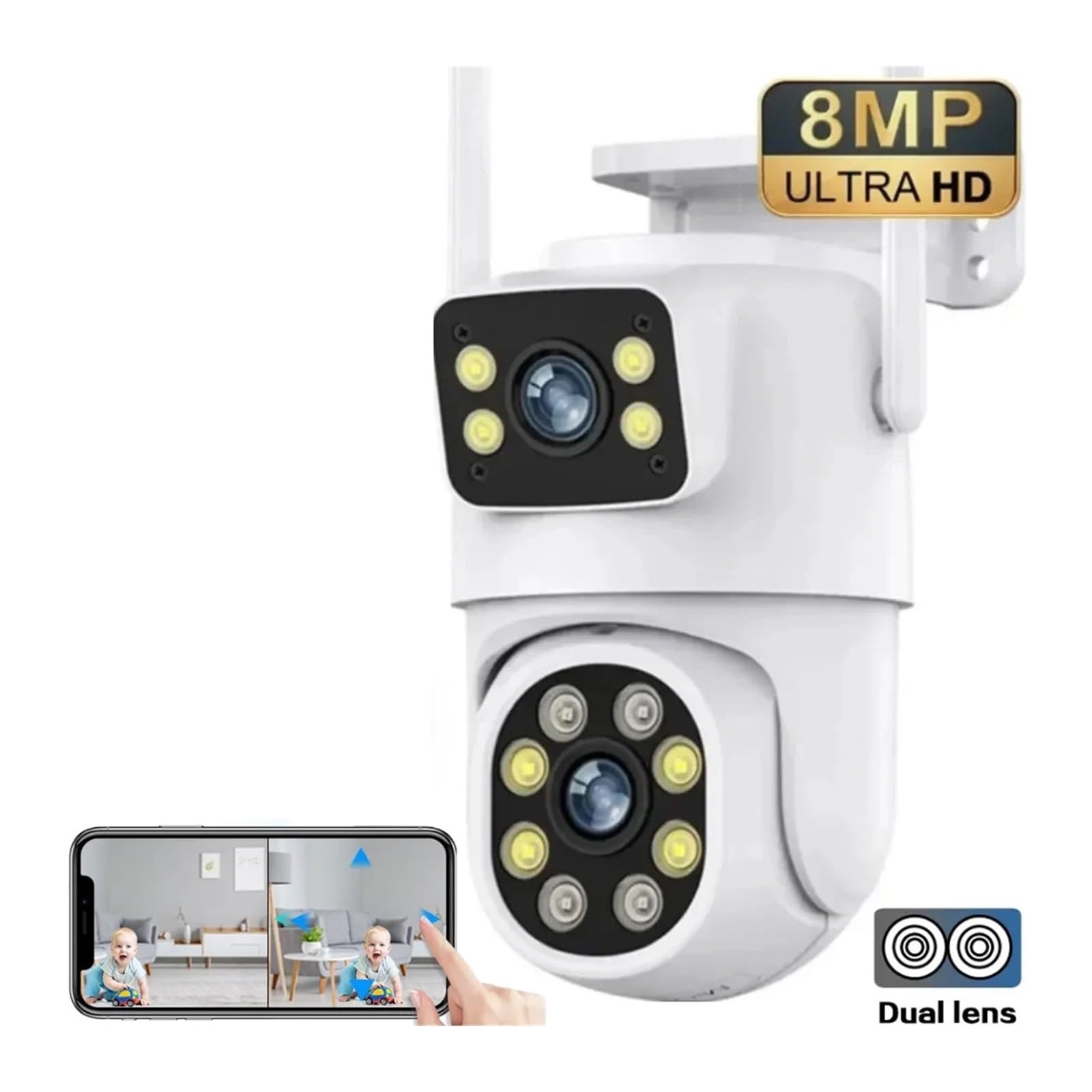 Telecamera Wifi Esterno, Telecamera PTZ a doppia lente 4K 8MP Full HD doppio schermo Ai Human Auto Tracking Telecamera di videosorveglianza di sicurezza esterna da 4MP ,Sicurezza, Antifurto(4MP No SD