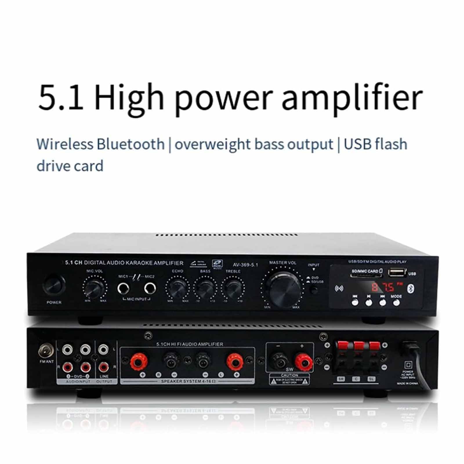 Amplificateur de son surround 5.1 – Centre audio pour TV, karaoké et home cinéma avec USB et radio FM/AM, caisson de basses pour basses améliorées