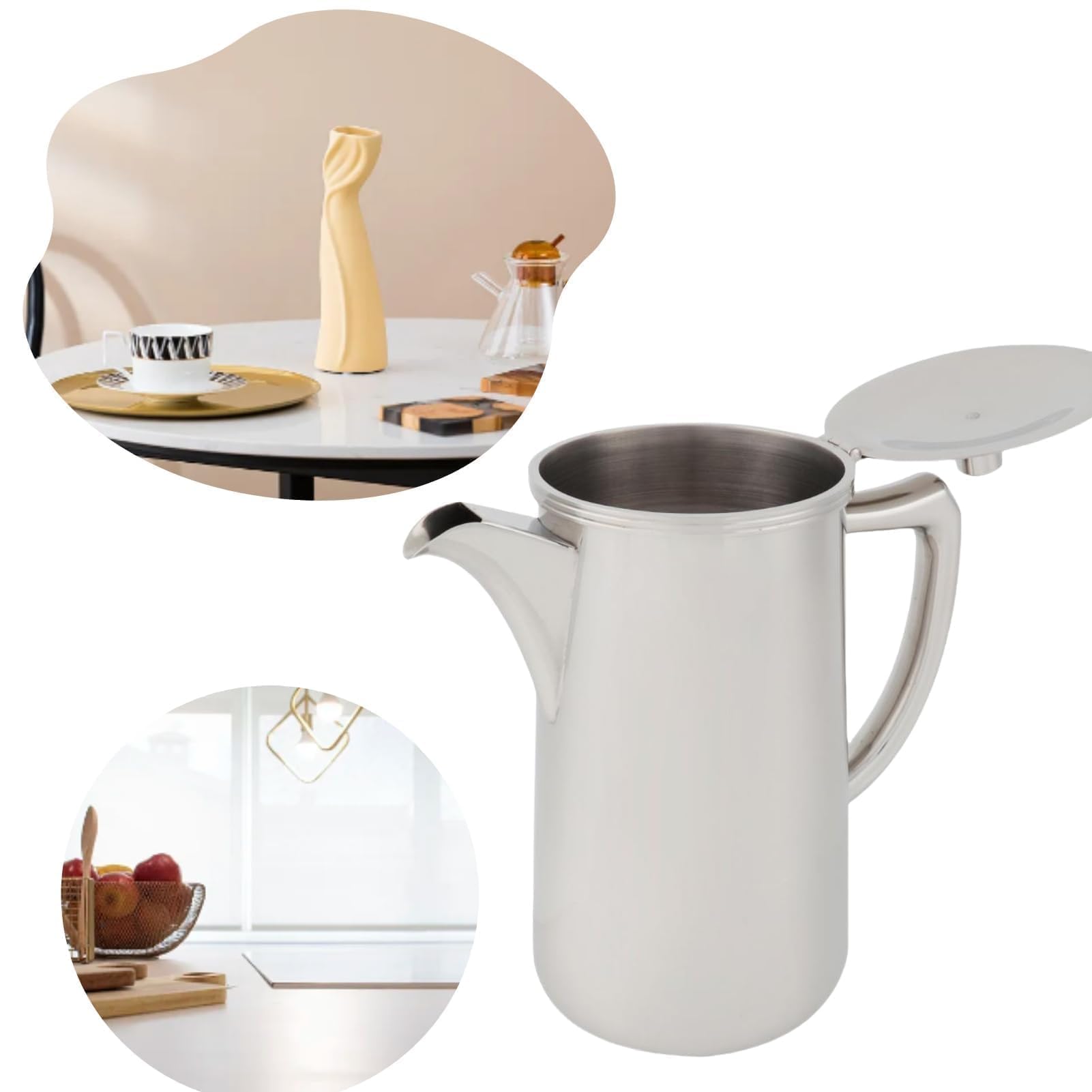 Jarra de acero inoxidable con asa, jarra de agua de 60.35 oz, 1,8 litros, hervidor de agua de gran capacidad con tapa para bebidas frías/calientes, té, leche, jugo