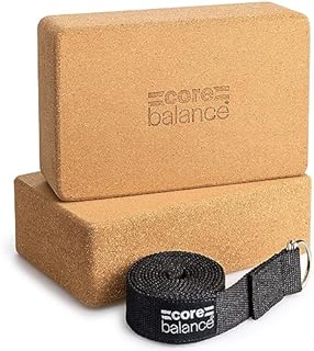 Core Balance Yoga Blocks and Strap Set Natural Anti Microbial Cork With Adjustable D Ring Cotton Belt (Pack includes 2 bricks)