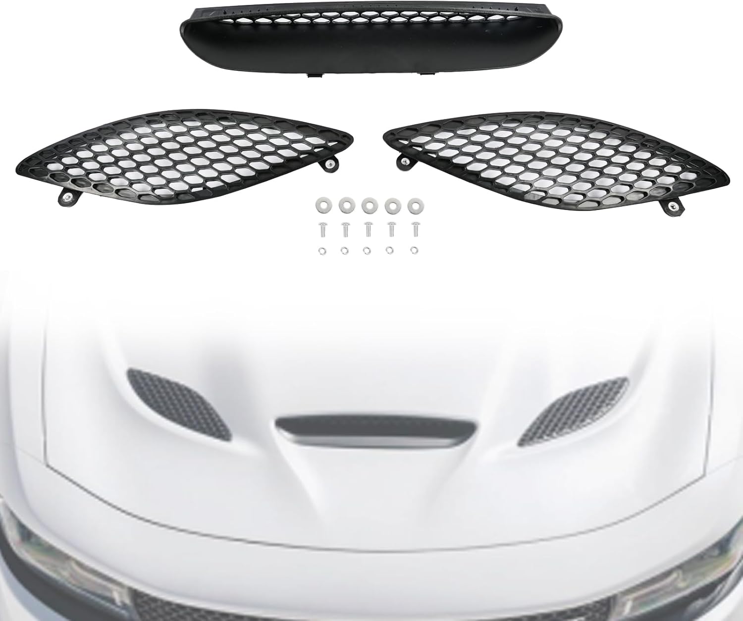 Front Hood Bezel Vent Trim Hood Scoop Grille Kit Fit for Dodge Charger SRT Hellcat 2015-2020, 68202581AA 68202580AA 68202462AA Hood Bezel 3PCS (Left ＆ Right Side + Centre) Plastic Replacement