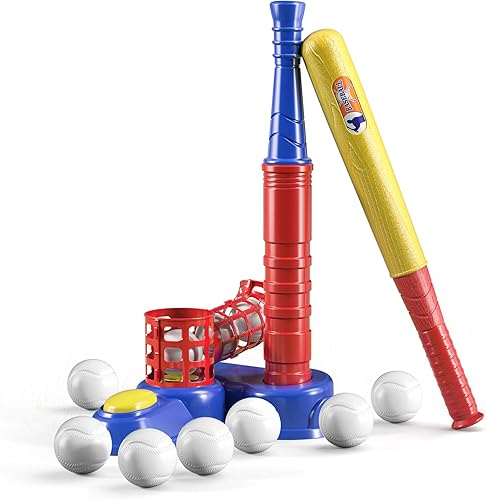 TEMI Juego de pelota de béisbol 2 en 1 para niños de 3-55-8, camiseta de béisbol para niños, juego de pelota en T con 10 bolas, máquina de lanzar,