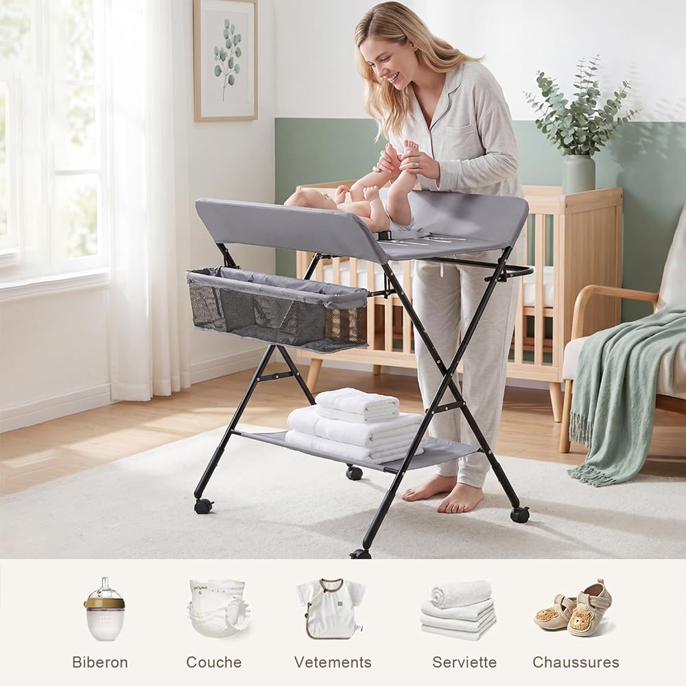 Mesa cambiador plegable Bebe, mesa de pañales plegable con cinturón de seguridad y cesta de almacenamiento, altura ajustable en 3 posiciones, cómoda cambiador portátil, carga 25 kg (80 x 66 x 98 cm,