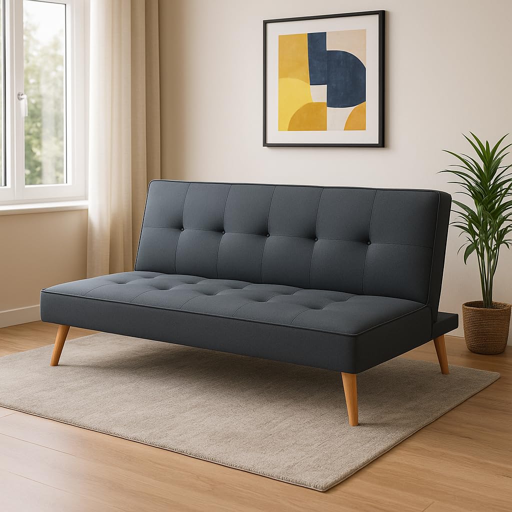 SHIITO | Sofá Cama Norden Moderno, Tapizado Gris, Sistema Clic-Clac, Diseño Escandinavo, Patas de Madera, 188x88x88 cm