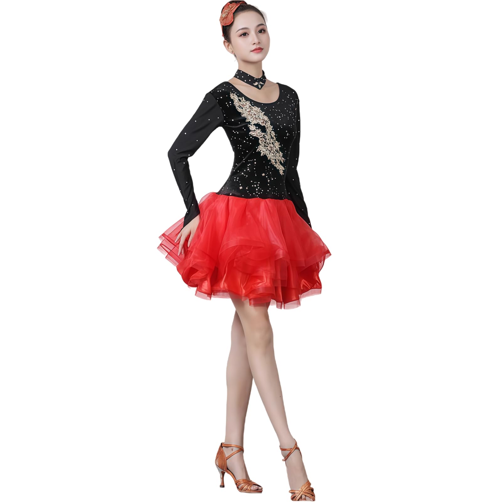 Abito da Ballo Latino per Donna, Vestito Intero Nero E Rosa con Strass E Gonna Corta A Strati, Abito Scintillante per Esibizioni di Cha-Cha, Rumba E Samba