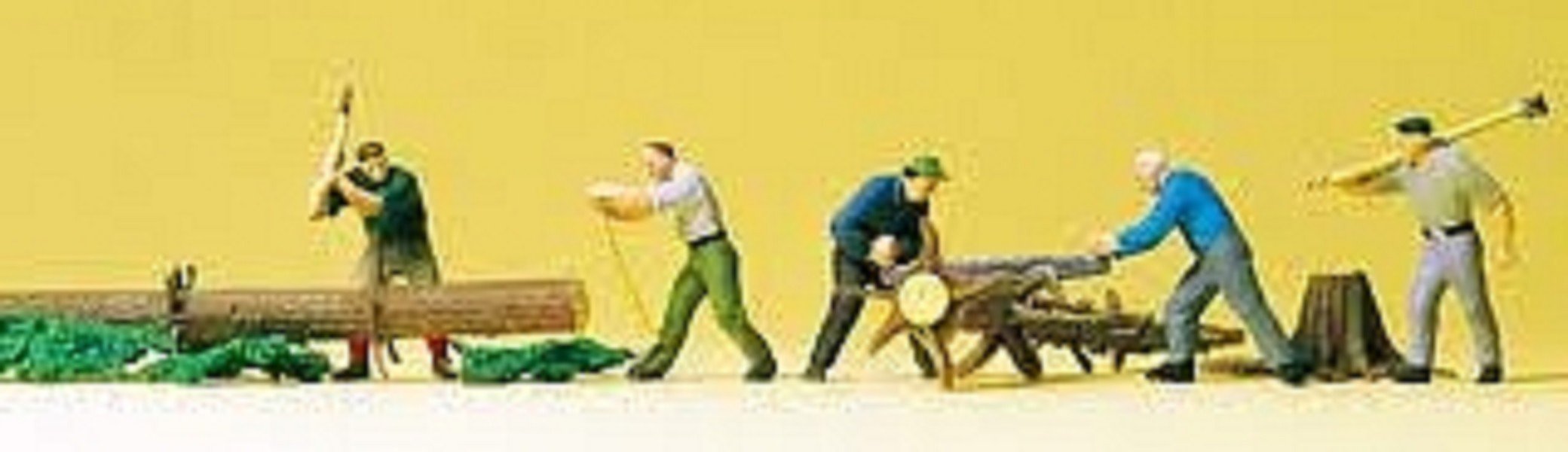 Preiser HO Scale Model Figure Set - Lumberjacks with Trees (5 Pk) - 5 Lumberjack Figures, 5 Logs - All Ages