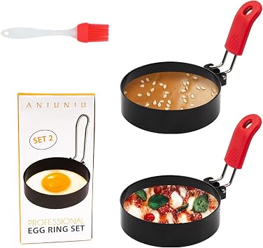 Egg Poacher 3.0inches Egg Ring Set of 2 Egg Rings 4 Pack With Oil Brush Poached Egg Pan for Breakfast Sandwich Burger Nonstick Egg omelette red 2 pack