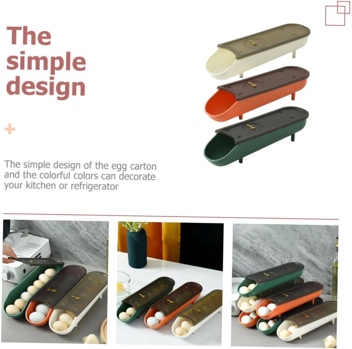 Artibetter 3pcs Egg Holder for Refrigerator Automatic Rolling Egg Storage Boxes Cover Stackable Freezer Organizer White Green and Orange for Neat Freezer Organization