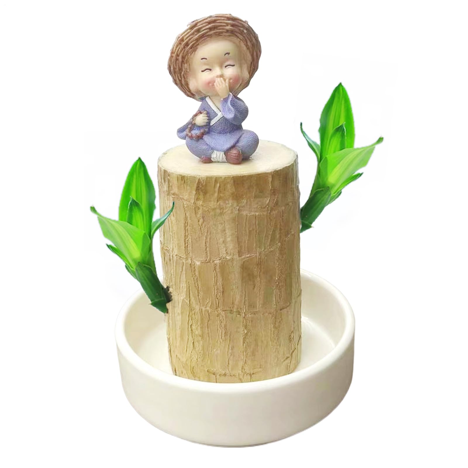 Brazilian Wood Plant, Brazil Lucky Wood Plant with Monk Statues, Sprouting Lucky Brazilian Wood Hydroponic Plant, Wood Stump Desktop Decor(Easy to Germinate)