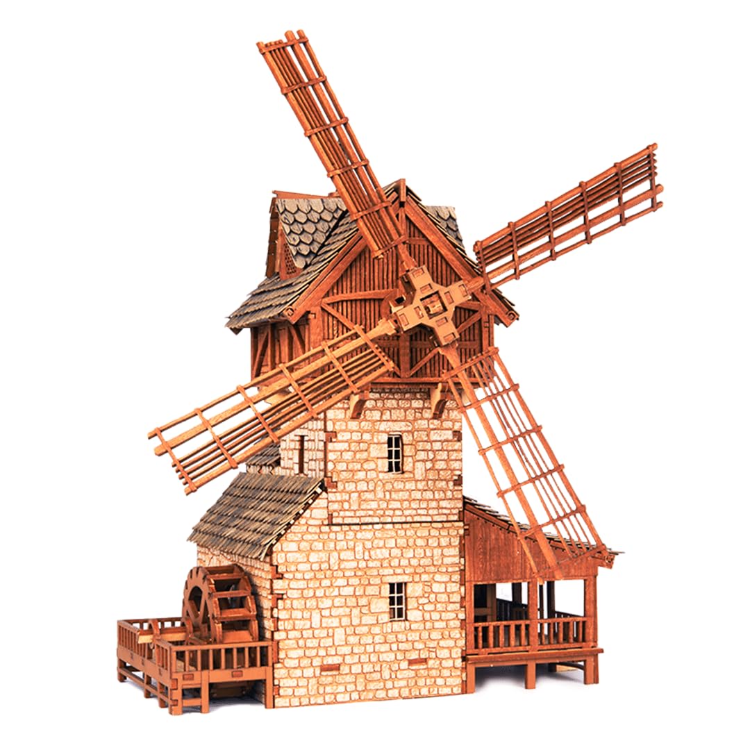 I BUILT ITWooden Mill - Hybrid Medieval Windmill, Watermill, Blacksmith Workshop - Building Kit for Teens and Adults, Suitable for Playing with Family - Weathered