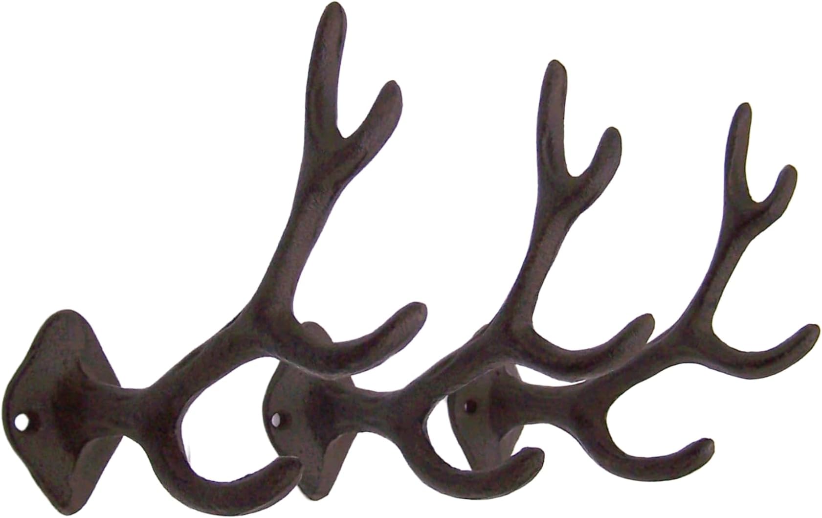 Rustic 4-Point Deer Antler Cast Iron Wall Hook 5.6 Inch (Set of 3)