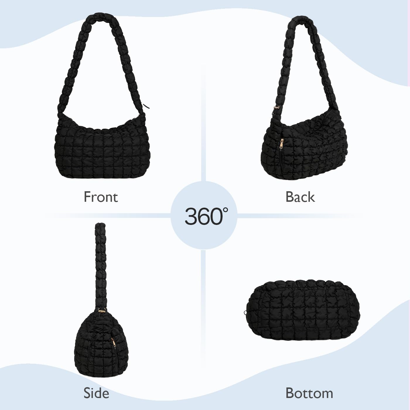 Long Shoulder Strap Puffer Bag, Adjustable Strap Crossbody Bubble Hobo Bags for Women (Black) - Image 4
