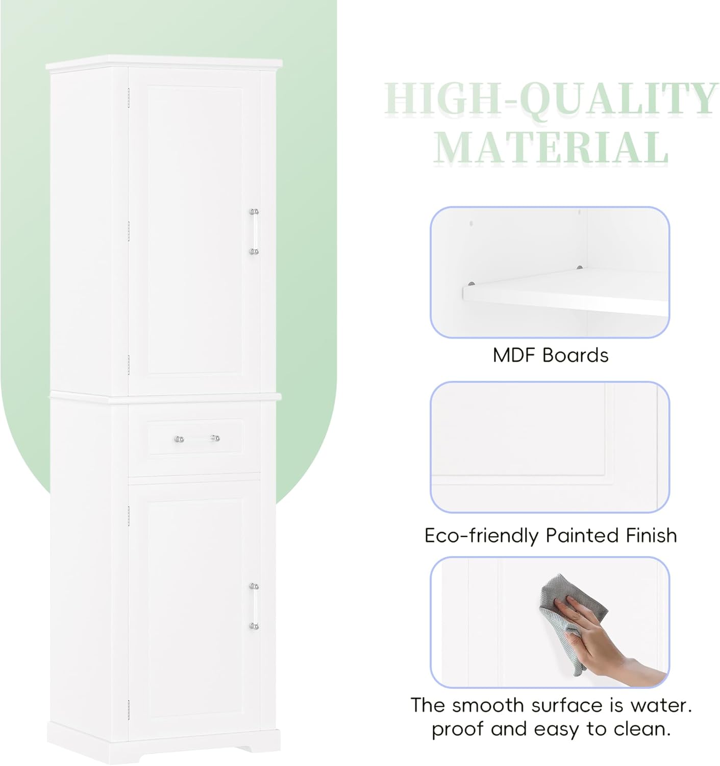 Tall Storage Cabinet, Bathroom Floor Freestanding Storage Cabinet with 2 Doors, One Drawer, Door Shelve Design, and Adjustable Shelf for Bathroom, Office, Living Room, White