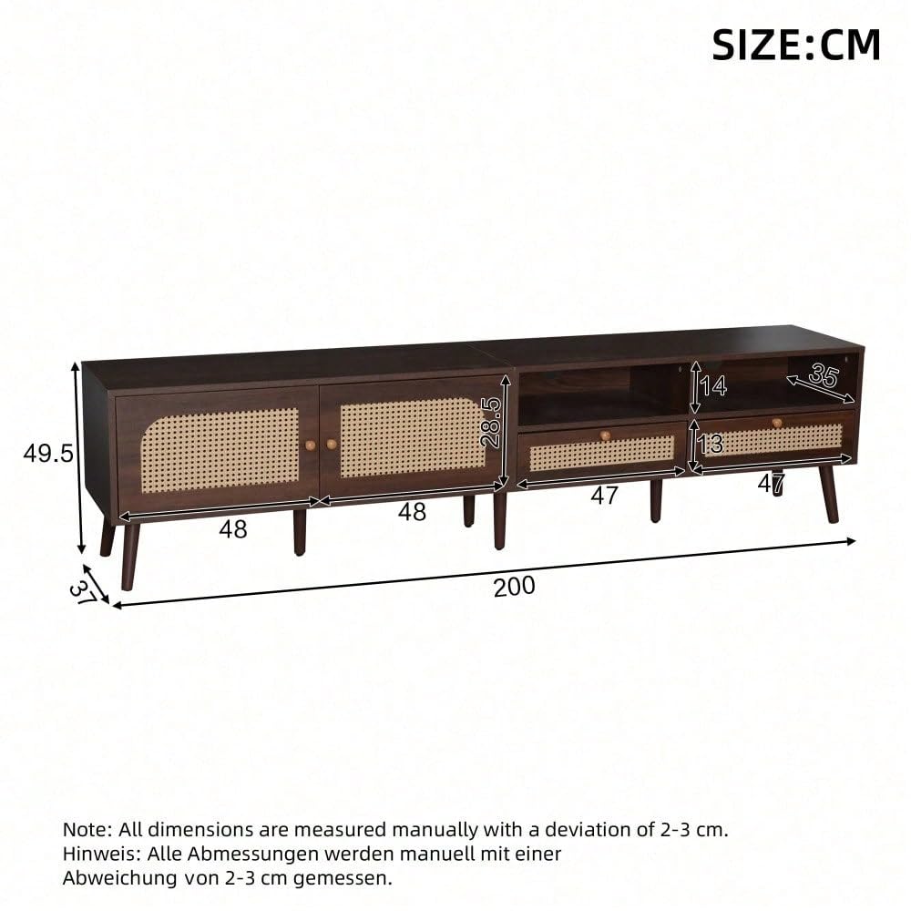 Szafka pod telewizor 200 x 37 x 49,5 cm na maks. 80 cali – nowoczesna szafka z 2 drzwiami rattanowymi i 2 szufladami – brązowa szafka rozrywkowa z 8 nóżkami (meble konsoli multimedialnej)