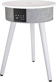 AIC - Mesa Altavoz Bluetooth Madera de 15W con Base de Carga inalámbrica Qi y USB, Mesa Auxiliar Inteligente Portátil, Batería de 2600 mAh, Entrada AUX de 3.5 mm, BTT1 Color Blanco