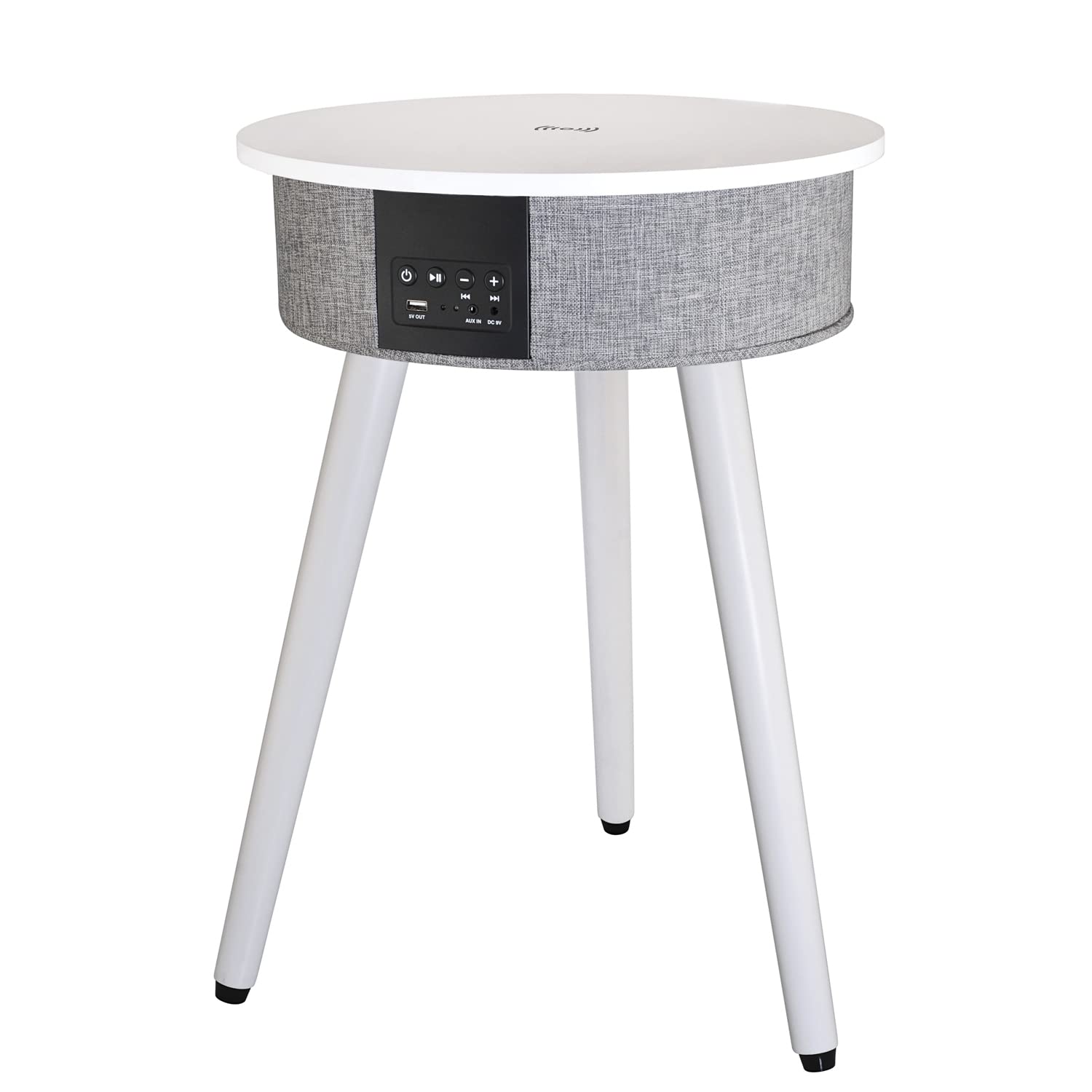AIC - Mesa Altavoz Bluetooth Madera de 15W con Base de Carga inalámbrica Qi y USB, Mesa Auxiliar Inteligente Portátil, Batería de 2600 mAh, Entrada AUX de 3.5 mm, BTT1 Color Blanco