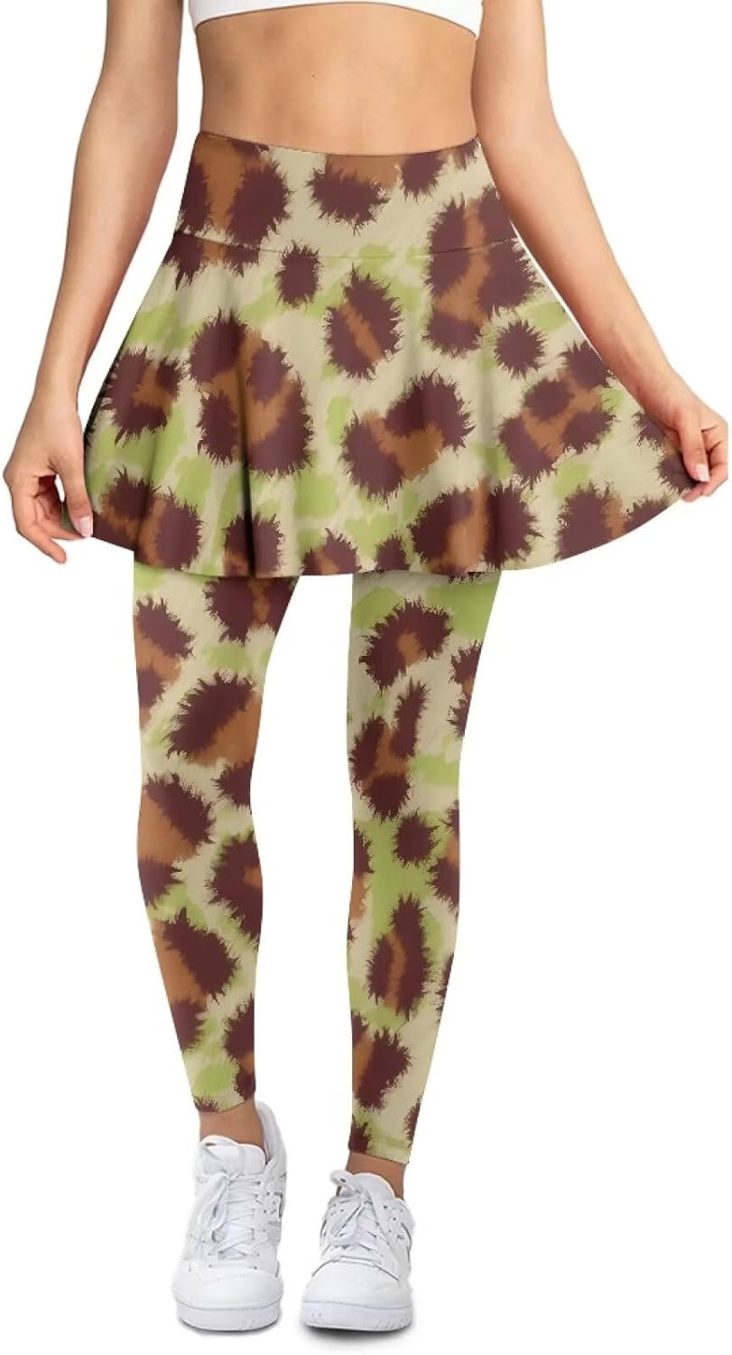 Sunflower Women's Skirted Legging, Leopard Print High Waist Pants with Skirt Pink Dog Paw Tennis Leggings Skirt