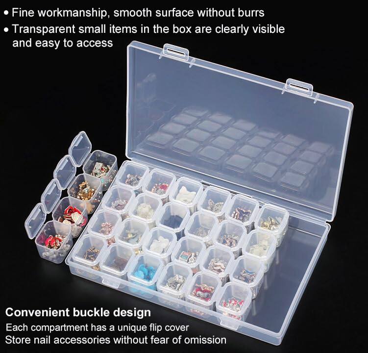 Image of AKOAK 28-Compartment Transparent Plastic Storage Box, Separate Lid, Transparent Compartment, Nail Art Storage Box, Jewelry, Rhinestone, Beads, Screws, Organizer Container