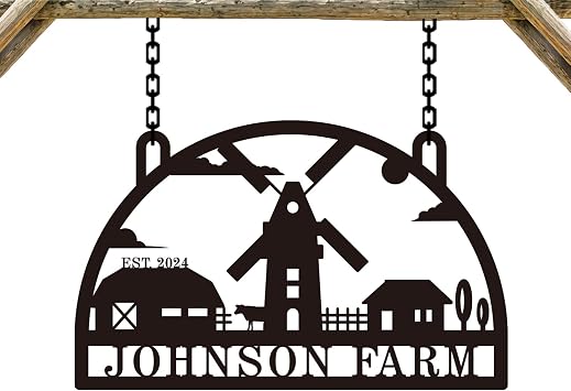 Personalized Metal Farmhouse Sign, Custom Family Name Ranch Sign with Tractor & Windmill, Outdoor Rustic Farm Sign, Last Name Metal Wall Decor