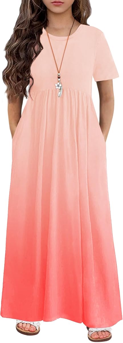 Arshiner Vestido maxi para niña de manga larga y corta, vestido informal de vacaciones con bolsillos para 5-13 años