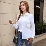 MUNSKT Białe koszule dla kobiet, z długim rękawem, zapinane na guziki, casualowy top, dopasowane, elastyczne, podstawowe bluzki do biura i biznesu, biały, M