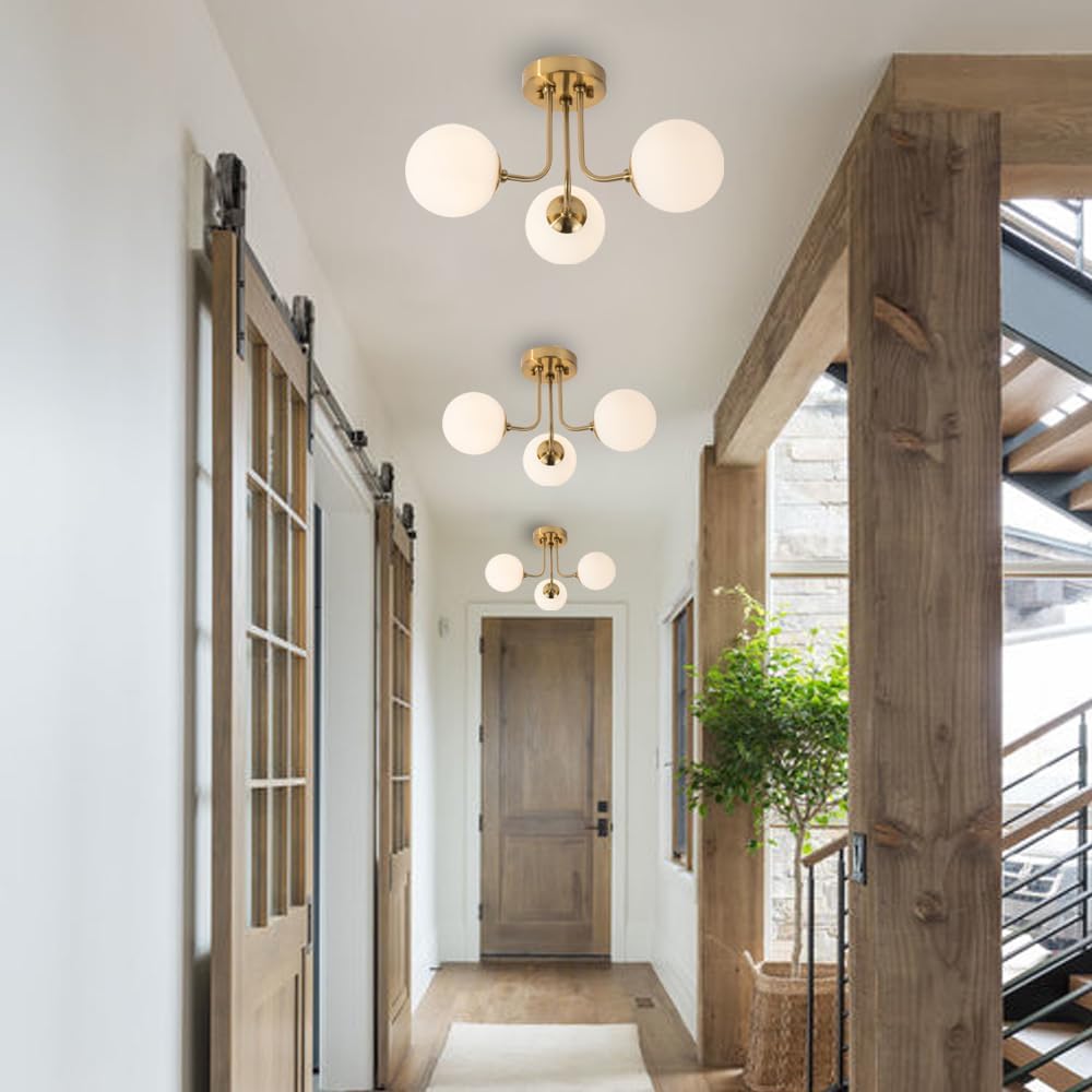 Modern Semi Flush Mount Ceiling Light,Globe Milk Glass Shade Brushed Brass Finish Ceiling Light 3-Light with Ceramic Base,Sputnik Chandeliers for Bedroom Hallway Dining Room Lighting Fixture