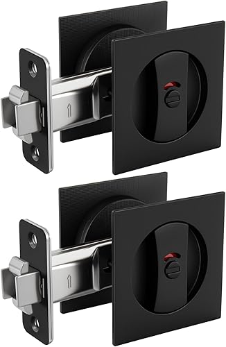 Miniatura 17 de goldenwarm Cerradura de Puerta de Bolsillo Cuadrada Negra Mate, Herrajes para Puerta de Bolsillo para Orificio Redondo de 2-1/8'', Manijas de Puerta