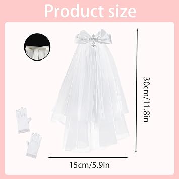 2PCS Girls First Communion Veil with Rhinestone Cross White Satin Bow Two-Tier Design Veil Glove Set Hair Bride Hair Accessory Hairband Glove Set