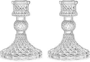 Chousezl Glass Candlestick Holder 2 Set Taper Candle Holders 4 Inch Tall Crystal Decorative Candle Stand Centerpiece for Table Wedding Valentine's Day Front Windows Candlelight Dinners(Clear)