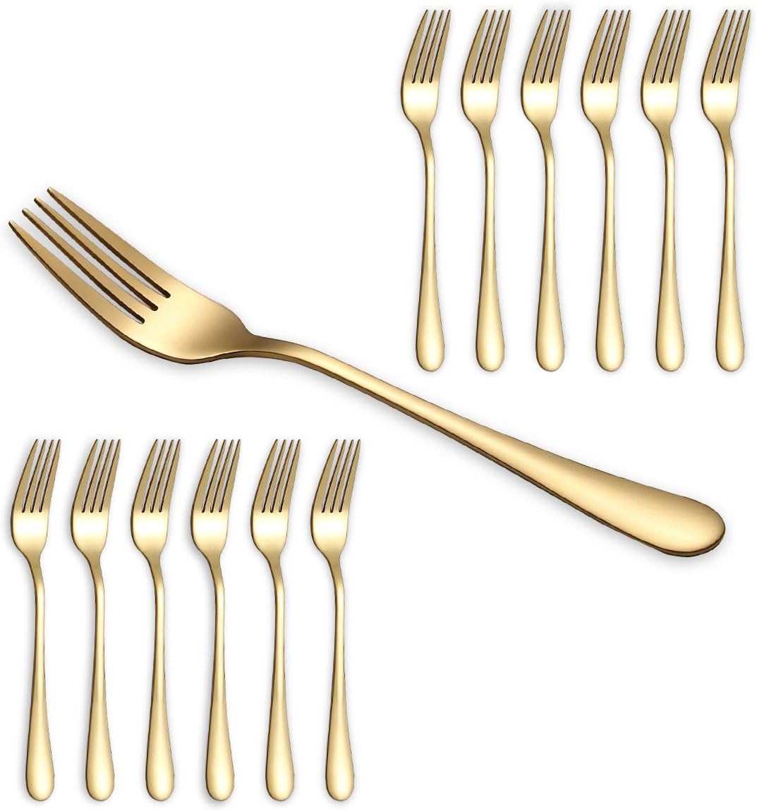 Berglander 12-Piece Gold Dinner Forks Set, 7.28" Titanium Gold Plated Stainless Steel Table Salad Forks for Home Restaurant Hotel Wedding Party, Dishwasher Safe