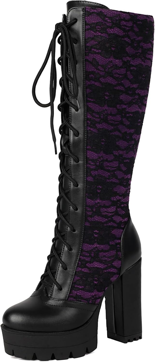 LUXMAX Gothic Victorian Boots for Women Goth Knee High Boots Lace Up Chunky Heel Renaissance Shoes with Bow Vintage Granny Boot