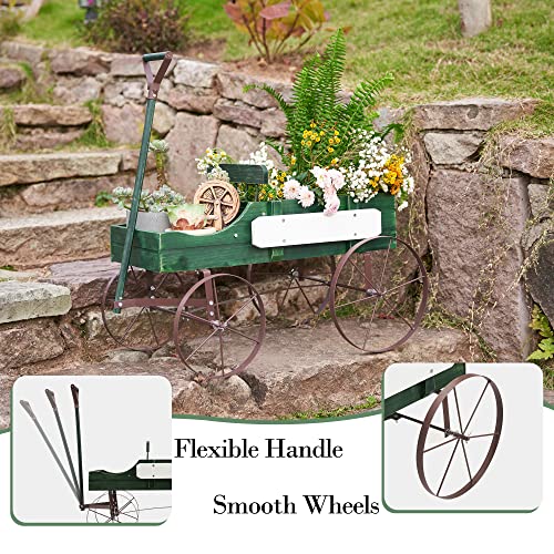 Dragosum Wooden Wagon Wheel Decor, Small Decorated Cart Garden Planter With Divider And Handle, Porch Decorations Indoor/Outdoor Planting Pots, Flower Box Wishing Wells Backyard Balcony Patio Green #TOP2