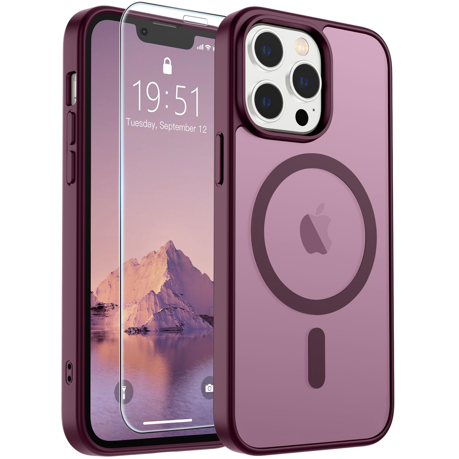 SUPFINE Magnetic for iPhone 12 Pro Max Case Wine Red | With Screen Protector, Translucent Matte, Compatible with MagSafe, Military Grade Drop Proof, Rugged Shockproof Protective