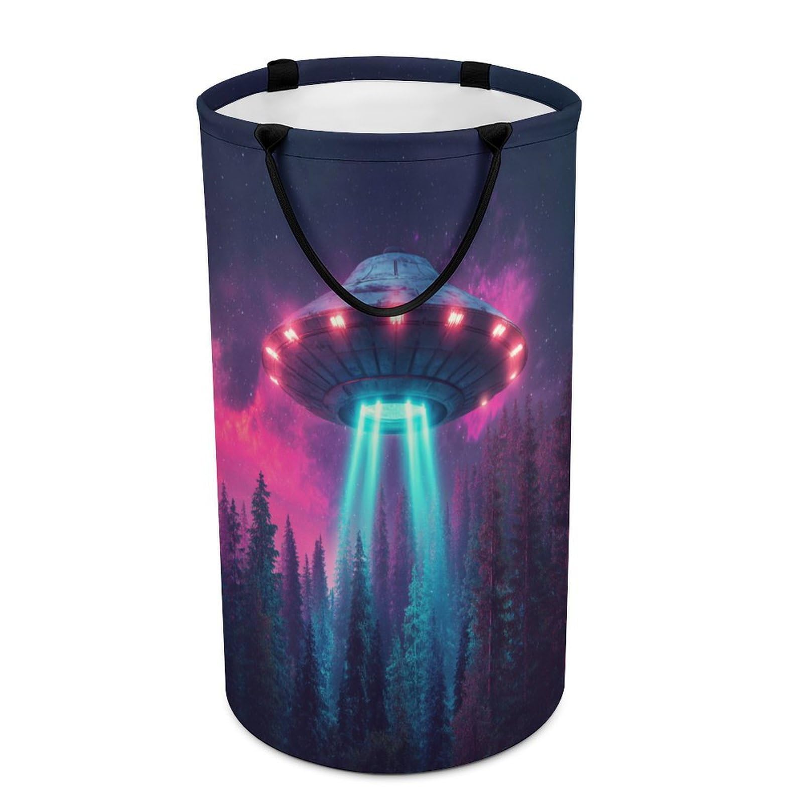 LUYYSKY Cool Realistic Funny Spaceship Collapsible Dirty Clothes Basket, Rustic Abstract Starry Sky Galaxy Pine Forest UFO Portable Clothes Storage Basket